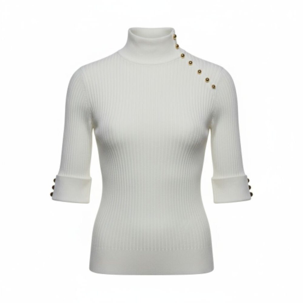 Evie Sweater Womens Large White Ribbed Mock Neck Half Sleeve Stretch Fitted‎
